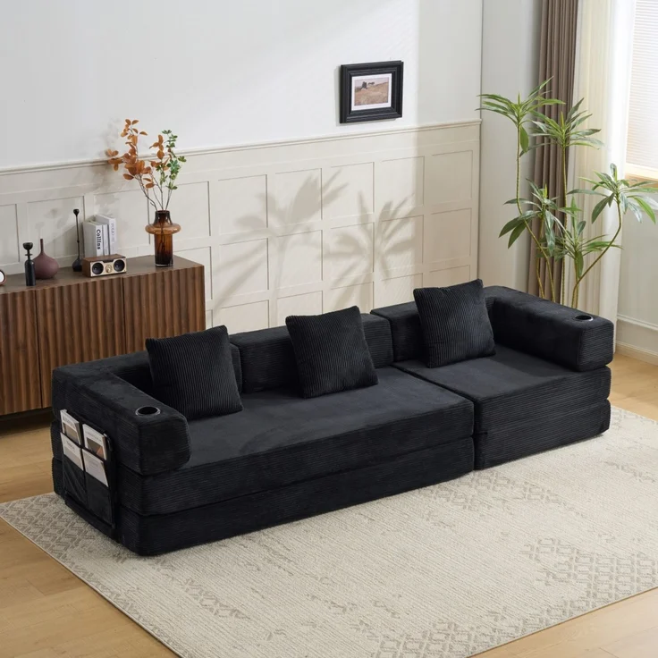 Klappbares Bodenschlafsofa mit Getränkehaltern und Seitentaschen, faltbare Cord-Futoncouch ohne Montage für Wohn- und Gästezimmer, Schwarz – Bild 11