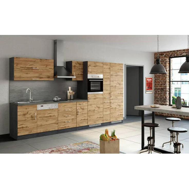 Held Küchenleerblock Eiche, individuell planbar, 360x200x60 cm, Arbeitsplatte in Anthrazit, Küchenzeile ohne Geräte