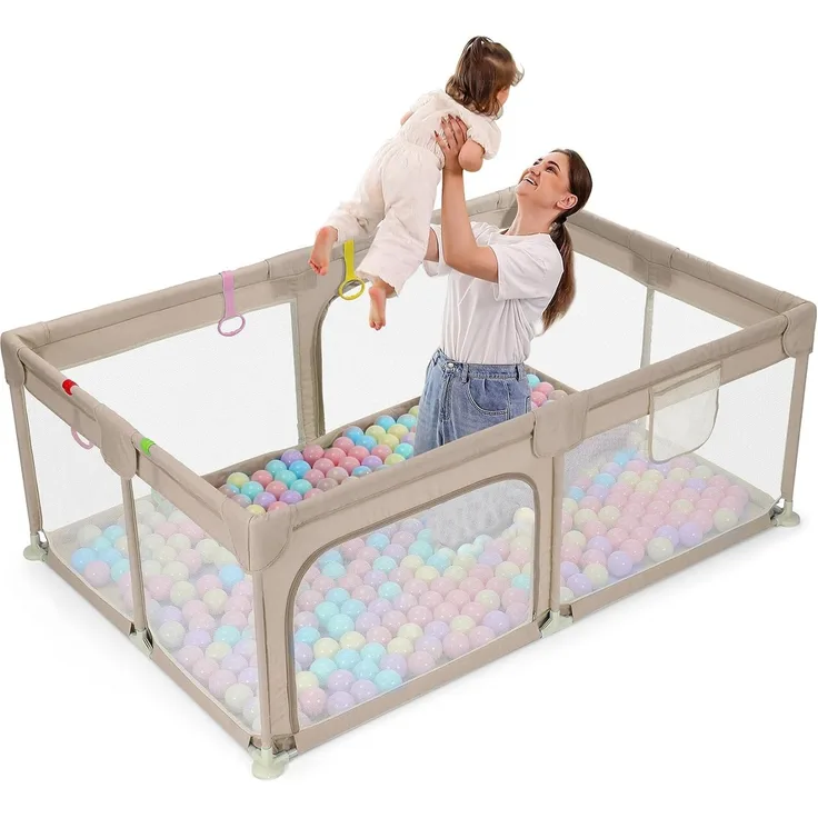 Dripex Laufstall Baby 120x180 cm, Laufgitter Baby mit Nachhaltiger Leinenstoff, Baby Laufstall mit atmungsaktivem Netz, große Sicherheitsspielplatz, Laufstall, Braun