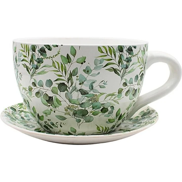 Dekohelden24 Blumentopf, Pflanztasse, Pflanzkübel, Pflanzgefäß, Blumenkübel, Pflanztopf. Übertopf als Tasse mit Griff aus Keramik, Motiv: Ranke, L/B/H 25 x 23 x 14 cm. – Bild 3
