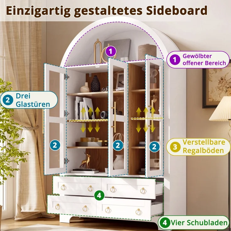 DESVIAE Sideboard Weiß aus MDF/Spanplatte – 110x185x40 cm – 3 Glastüren, 4 Schubladen – Bild 5