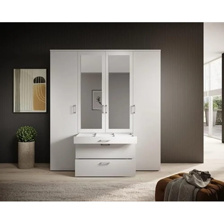 Drehtürenschrank >Vesala< 4 Türen, 3 Schübe, Weiß / Spiegel - 180x195x56cm (BxHxT) – Bild 5