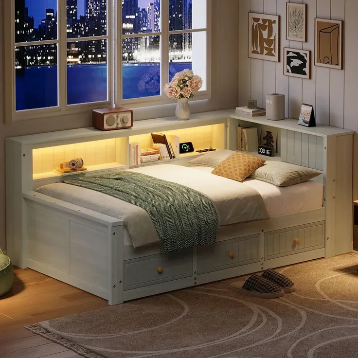 Stauraumbett, 90x200cm, Schlafsofa mit LED-Beleuchtung, Lattenrost, Schubladen, Regal, Steckdose, USB/Type-C, Holzbett, Jugendbett, Einzelbett – Bild 2