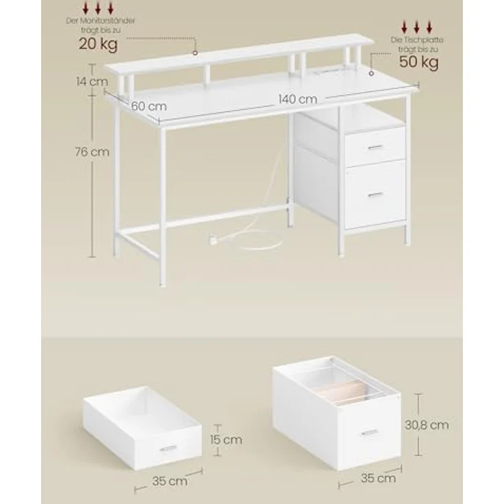 VASAGLE Schreibtisch mit Stoff-Schubladen, Computertisch mit Monitorständer, Bürotisch, 2 AC-Steckdosen, 2 USB-A-Anschlüsse, für Homeoffice, 140x60 cm, ahornweiß LWD094W01V1 – Bild 6