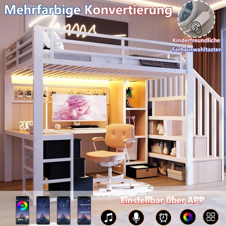 Odikalo Hochbett 90x200 140x200 Kinderbett Jugendbett mit Schreibtisch LED und Stauraum (Eisenrahmen, Ablagefach, 4 Schubladen, Gitter zum Aufhängen von Gegenständen, mit LED-Lichtleiste, Schreibtisch, Treppenkonstruktionen mit Stauraum, Ohne Matratze) – Bild 3