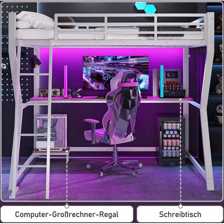 Hochbett, 90*200cm , Mit LED-Leuchten, Computerkonsolenablage, Schreibtisch, Steckdose+USB, Geländer, Treppe, ohne Matratze, Weiß – Bild 6