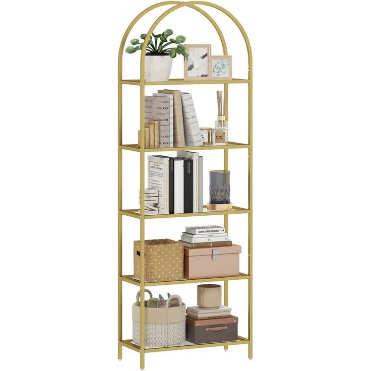 MC Star Bücherregal 5-stufiges, gewölbtes Glasregal für Wohnzimmer, Büro, Schlafzimmer, 60 x 30 x 175 cm, Gold