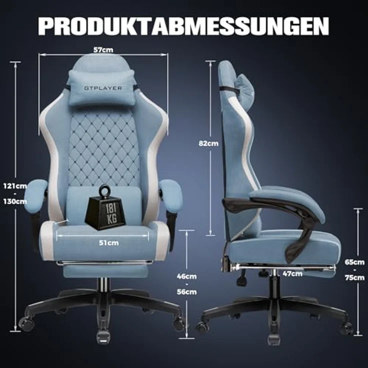 GTPLAYER Gaming Stuhl Ergonomischer, PC Stuhl Atmungsaktiver Stoff, Groß und Hoch Drehbarer Schreibtischstuhl mit Fußstütze,Verstellbare Lendenwirbelstütze und Kopfstütze,Hellblau – Bild 4