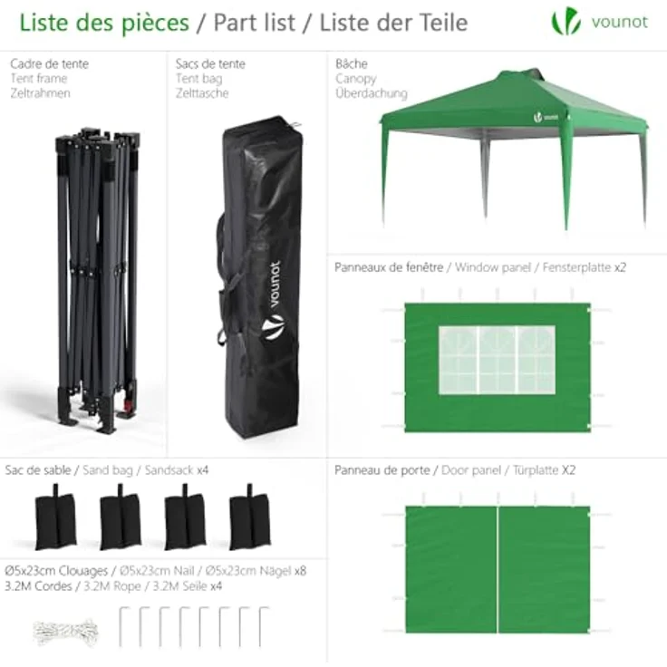 VOUNOT Pavillon 3x3 m Wasserdicht Stabil Winterfest, Pop Up Faltpavillon mit 4 Seitenteilen und 5 Sandsäcke, Faltbar Partyzelt Gartenzelt Gartenpavillon inkl. Tasche, Grün – Bild 3