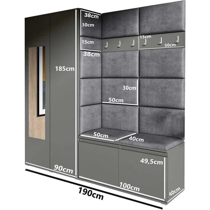 Jerpax Garderoben-Set CLEO, Moderner Kleiderschrank mit Polsterplatten und Schuhschrank – Ideal für Flur und Eingangsbereich (Artisan/Schwarz, Trinity 16), 185 x 40 x 190 cm – Bild 4
