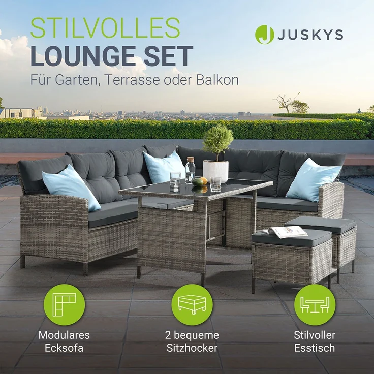 Juskys 'Manacor' Lounge mit Sofa, Tisch, 2 Hocker & Kissen, Polyrattan grau-meliert, 7 Personen – Bild 2