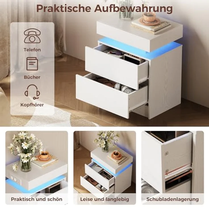 IRONCK Nachttisch Weiß mit LED-Licht & Ladefunktion, Beistelltisch mit USB+Typ-C Anschlussen, Nachtschrank mit 2 Schubladen, Sofatisch für Schlafzimmer, Wohnzimmer, 35 x 48 x 60 cm – Bild 7