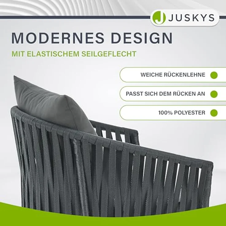 Juskys Rope Stühle 2er Set - Gartenstühle mit Seilgeflecht & Polster - wetterfester & bis 160 kg belastbar - Stahl mit Pulverbeschichtung - Dunkelgrau – Bild 6