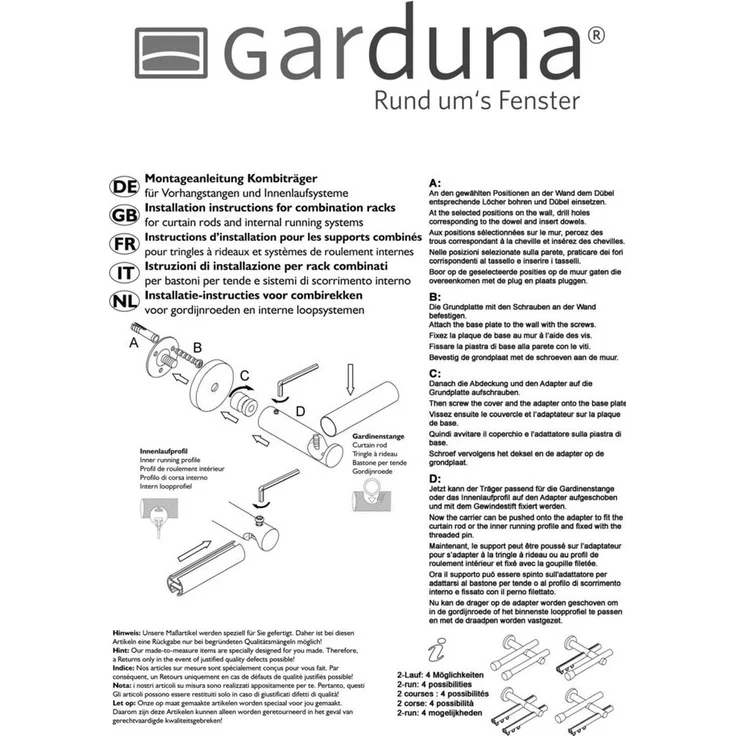 Garduna Gardinenstange Ø 20mm / 1- oder 2-Lauf, 2-läufig, kürzbar, Metall, 2-lauf 1-lauf, Gardinenstange komplett, hochwertig, Fixmaß, 20mm – Bild 3