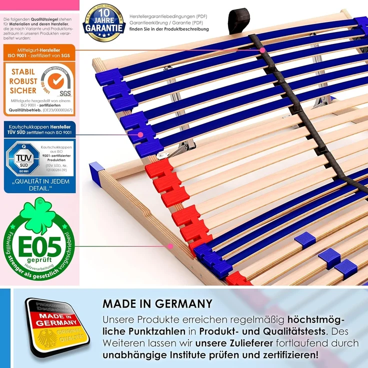 stabiler Lattenrost 100% BUCHE Lattenrahmen - Kopfteil verstellbar - SCHULTERFRÄSUNG, 7 Zonen, 42 Federleisten, Härte-Regulierung, Mittelgurt - VARIO SLEEP BEST 42® unmontiert (70x200 cm) – Bild 4