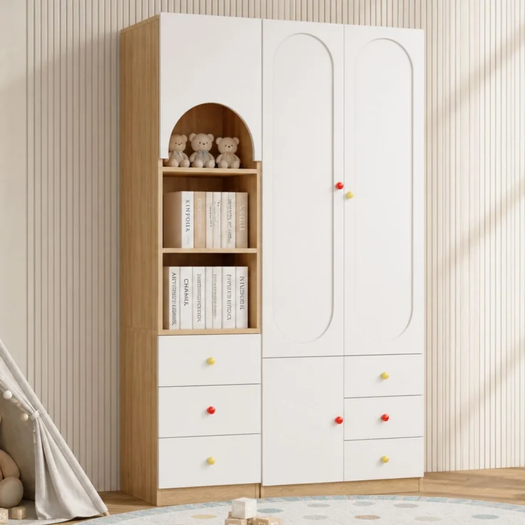 [ Old Sku:N883P33143940CB] Kleiderschrank-Set, Kombinationsmöbel aus 2-türigem Kleiderschrank und Ablageregal, Schlafzimmermöbel, Weiß und Holzoptik--Weiß+Natur--130x50x200cm--YOUDENOVA – Bild 3