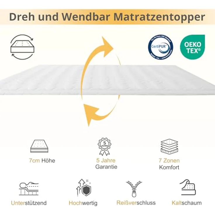EGO HOME Matratzen Topper 180x200 cm, 7cm Höhe Matratzentopper Härtegrade H2 mit 7-Zonen Spiral-Dorn Kaltschaumkern, Öko-TEX Zertifiziert, Matratzenauflage 180x200 cm für Boxspringbett Schlafsofa – Bild 7
