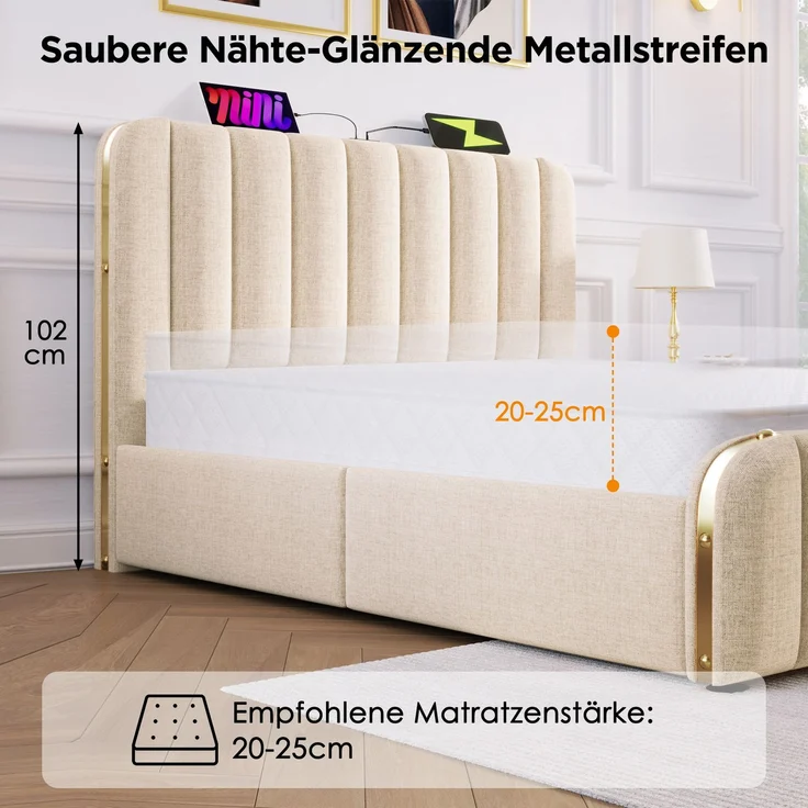 Polsterbett 140x200 cm Beige mit Kopfteil,USB Typ-C Ladeanschluss & hydraulischem Stauraum,Metallrahmen mit goldenen Akzenten – Bild 8