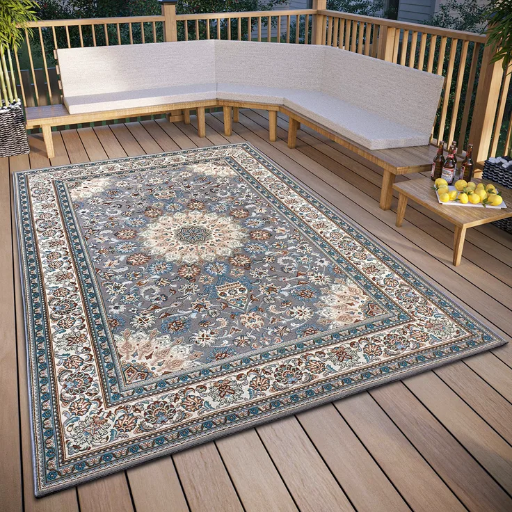 Hanse Home Kadi In- & Outdoor Teppich Orientalisch – Orient Flachgewebe, Orientalisches Design Klassisch, ÖKO-TEX Wetterfest & UV-beständig für Balkon, Terrasse, Garten – Grau Creme, 80x165 cm