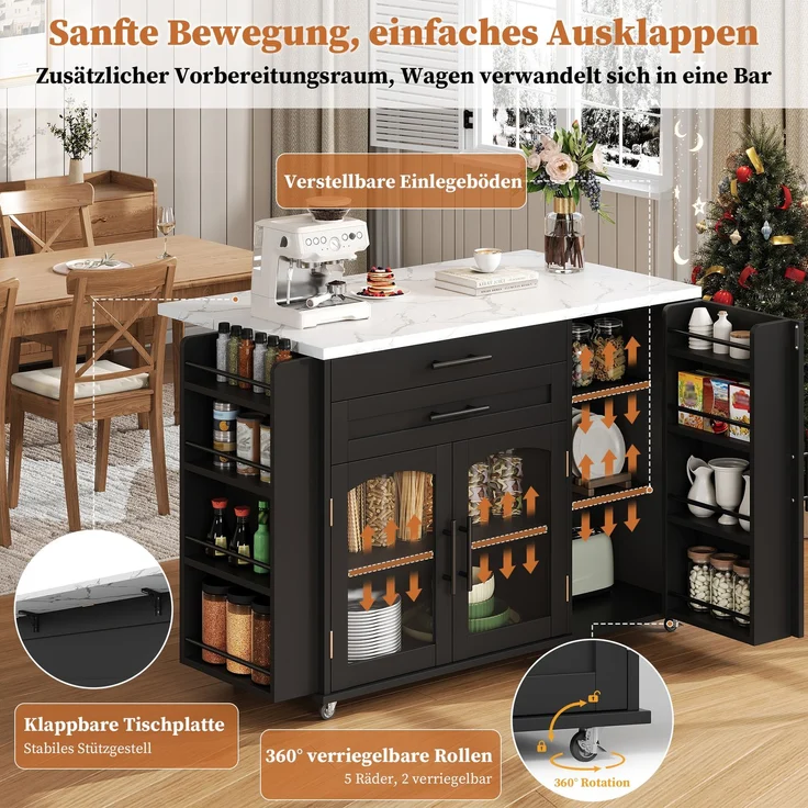 Merax 138cm Mobiler Kücheninsel mit klappbarem Arbeitsbereich, Küchenwagen, 5 Rädern, mehreren Aufbewahrungslösungen, Gewürzregal, Besteckschublade, Schwarz – Bild 7