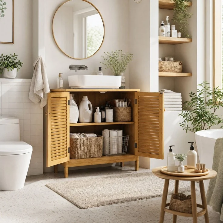 Blishom Waschbeckenschrank Waschbeckenunterschrank mit Lamellentüren und Einlegeboden Badschrank, Badezimmer, Unterschrank, Magnetverschluss – Bild 3