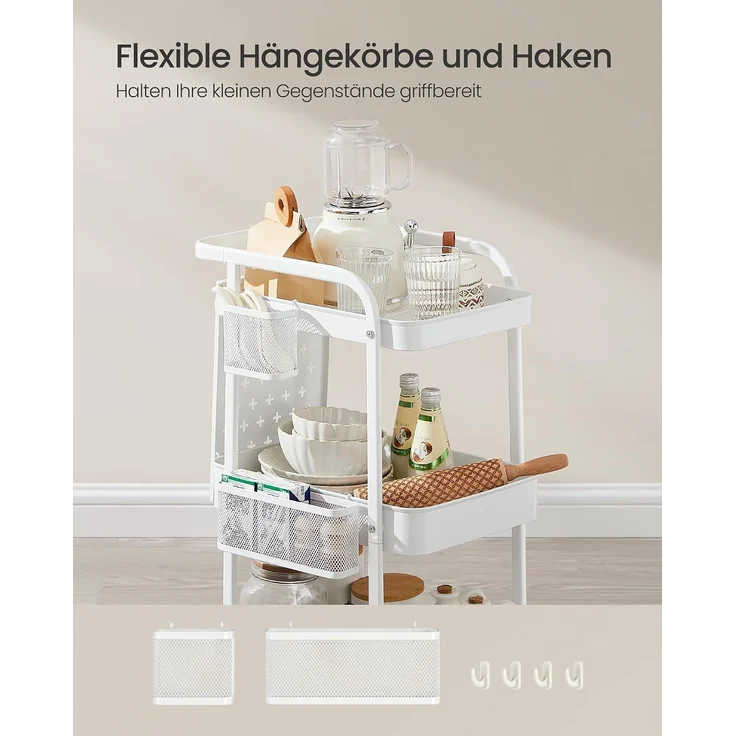 SONGMICS Rollwagen, Küchenwagen, 3 Metallgitterablagen, Servierwagen, 2 abnehmbare Lochplatten, 2 Hängekörbe, 4 Haken, für Büro, Küche, Wohnzimmer, Badezimmer – Bild 5