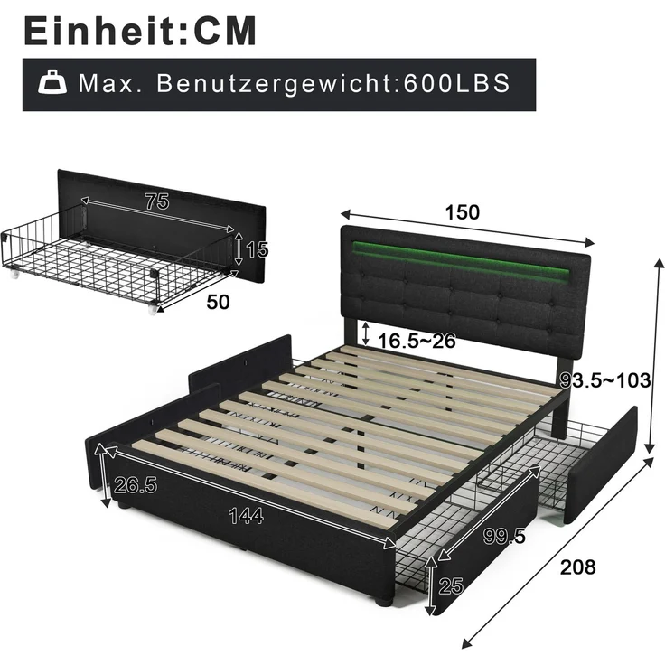 Einzelbett 140 × 200 cm mit LED-Beleuchtung, verstellbarem Kopfteil, 4 Schubladen, Leinenbezug in Schwarz, modernes Design,inklusive Matratze – Bild 9
