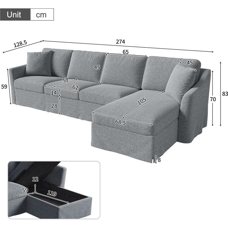 Ecksofa 274 x 128,5 x 83 cm mit Stauraum-Chaiselongue und waschbaren Bezügen, Grau – Bild 4