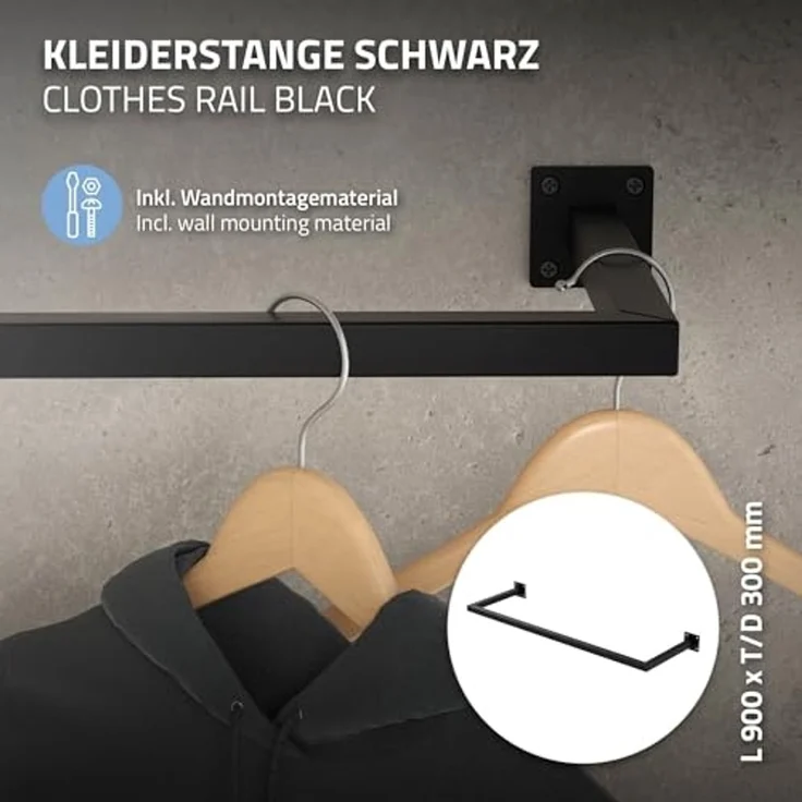 ML-DESIGN Kleiderstange Wandgarderobe Rechteck für die Wand aus Stahl inkl. Montagematerial (3 St), Garderobenstange 90x30 cm Schwarz U-Form Kleiderständer Kleidergestell – Bild 2