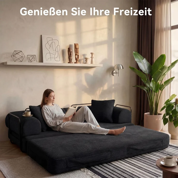 Aoxun Kordstoff Schlafsofa 200×97×70cm, 5-in-1 Umwandelbares Bodensofa, Hochdichter Schaumstoff, Haustierfreundlich, Keine Montage, Schwarz – Bild 5
