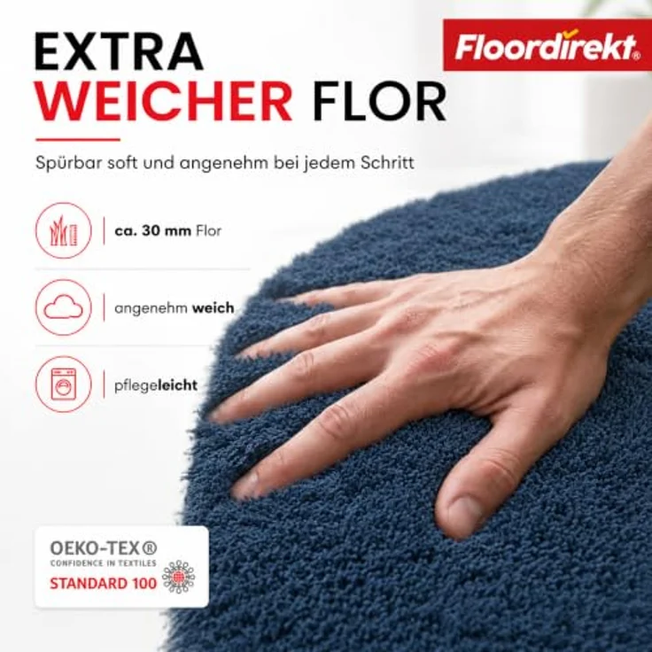 Floordirekt Badematte Sky - Rutschhemmender Hochflor Badezimmerteppich, schnell trocknend, geeignet für Fußbodenheizung, 60 x 100 cm, Dunkelblau – Bild 2