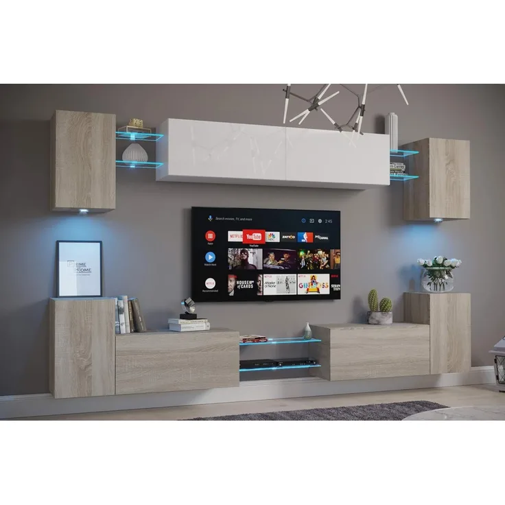 FURNITECH Nairobi C1 Möbel Wohnzimmer Schrankwand Wohnwand Wandschrank Mediawand mit Led Beleuchtung (D40-HGM-SW10, LED blau)