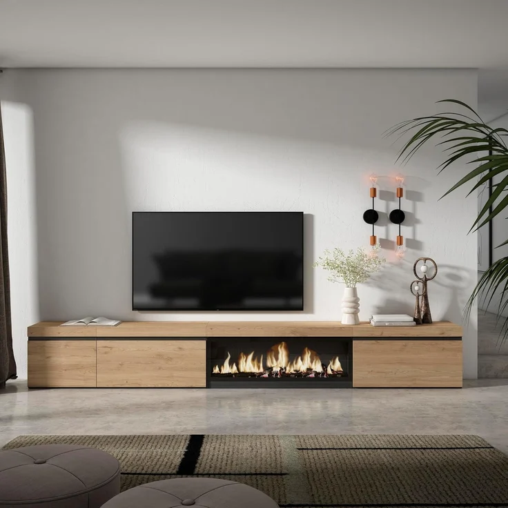 Skraut Home | TV-Schrank, Lowboard | für Wohnzimmer und Esszimmer | 317 x 45 x 35 cm | Elektrokamin XXL | Moderner Stil | Eiche – Bild 2