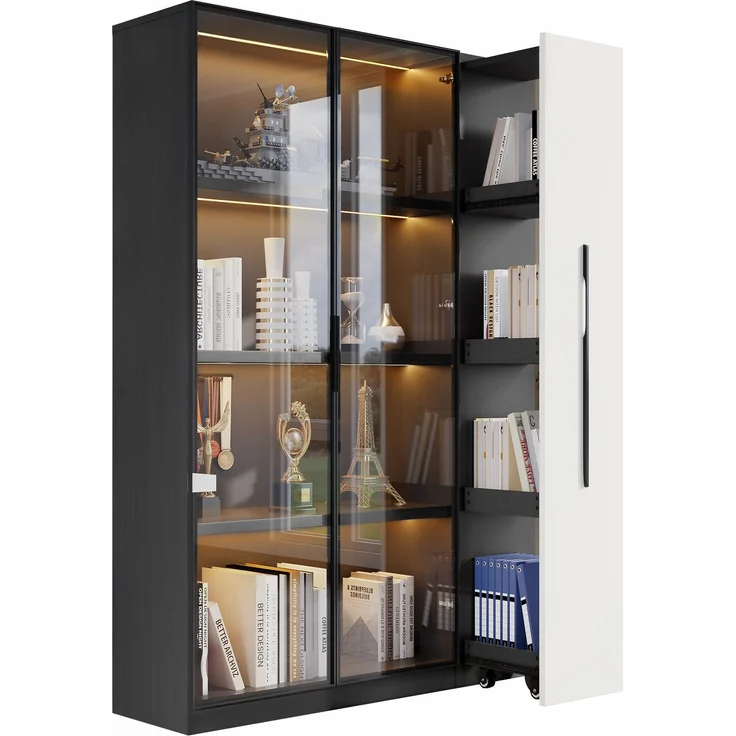 Flieks LED Vitrinenschrank 110.5×35×160 cm, Multifunktionsschrank mit Glasvitrine, Bücherregal & Aufbewahrungsschrank, Rollschrank schwarz & weiß – Bild 10