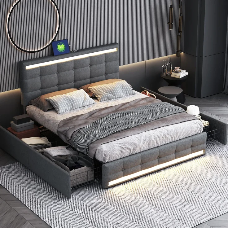 Polsterbett 140x200 cm LED Beleuchtung mit USB & Stauraum, modernes Doppelbett mit Leinenstoff Grau – Bild 3