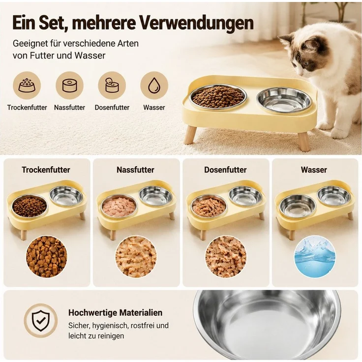 Toomoke Napf-Set Katzennapf, Futternapf, Doppelnapf, Edelstahlnapf, Futterstation, Hundenapf, Wassernapf für Katzen & kleine Hunde, Erhöhte Futterstation mit 2 herausnehmbaren Edelstahlnäpfen – Bild 2