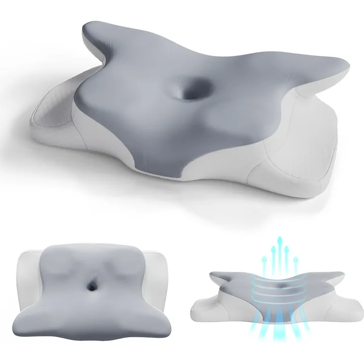 Juskys Nackenkissen 1er Set - Ergonomisches Nackenkissen mit Memory-Foam, atmungsaktivem Bezug - Kissen für den Nacken, gesunder Schlaf - weiß/grau