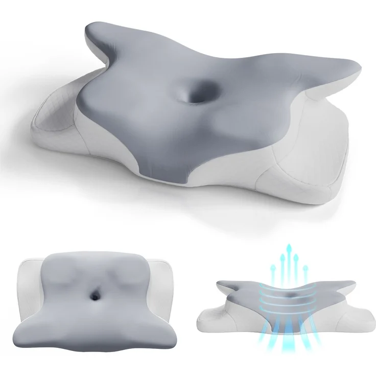 Juskys Nackenkissen 1er Set - Ergonomisches Nackenkissen mit Memory-Foam, atmungsaktivem Bezug - Kissen für den Nacken, gesunder Schlaf - weiß/grau – Bild 1