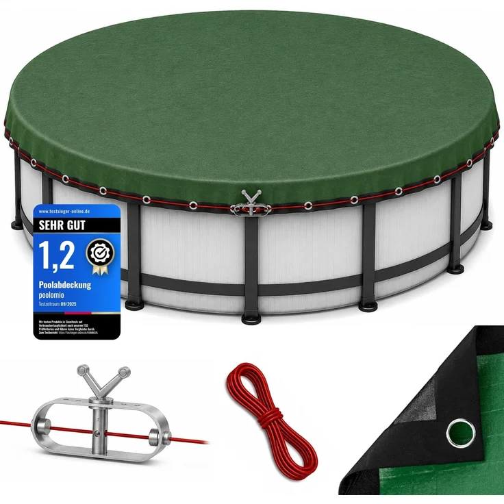 poolomio Poolabdeckung rund 366 cm, Poolplane Rundpool für Sommer & Winter | Abdeckplane für Pool 340-380 cm – 200 g/m² robustes, UV-resistentes PE – Stahlseil & Ratsche für festen Halt –Echtmaß: 420 cm