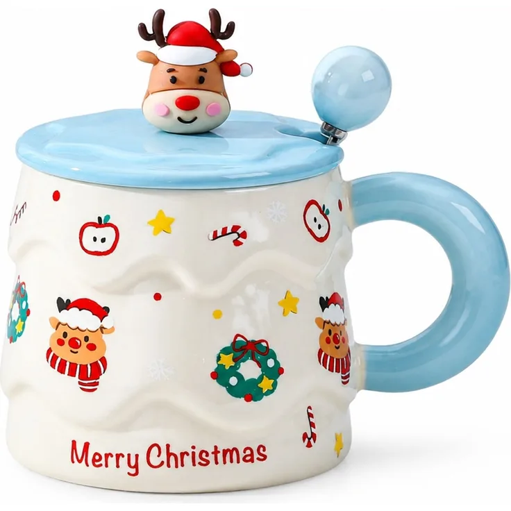 Keramiktasse mit Deckel und Löffel Weihnachts-Kaffeebecher Blau 16 x 12 x 14 cm