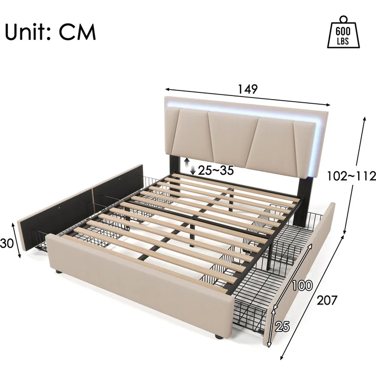 Polsterbett 140×200 cm mit höhenverstellbarem Kopfteil, LED-Beleuchtung, 4 Schubladen, Leinenstoff Beige,inklusive Matratze – Bild 10