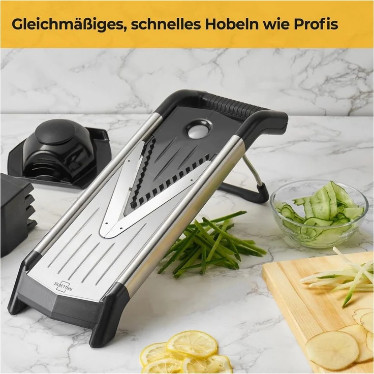 SILBERTHAL Gemüsehobel V-Hobel mit Einsätzen, extra scharfe Klingen, Edelstahl, Kunststoff, mit Sicherheitshandschuh, Klingenaufbewahrung – Bild 3
