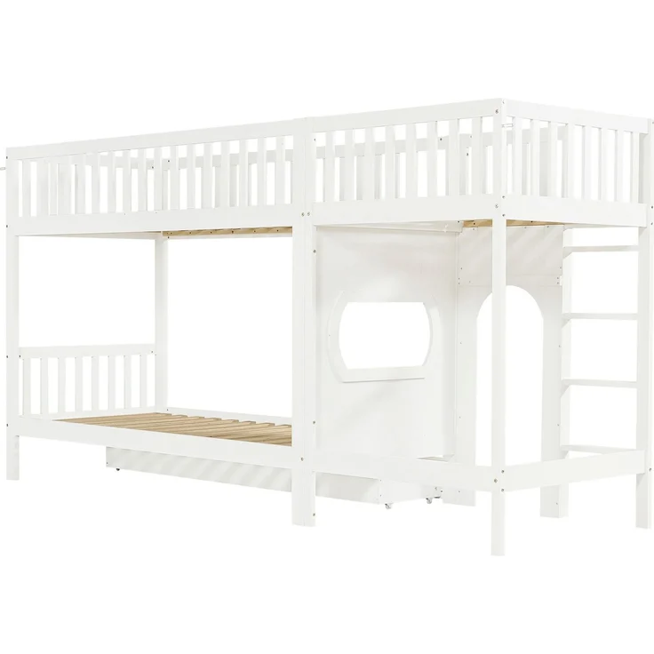 Etagenbett mit Regal, Schrank, Lattenrost und Treppe, 90x200cm, Kinderbett mit Rausfallschutz, Hochbett, Kiefer – Bild 7