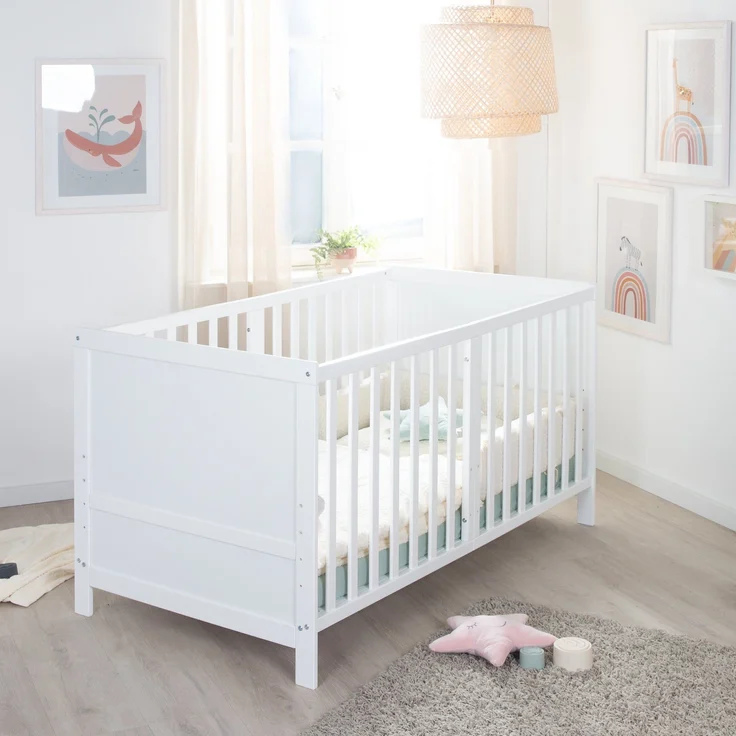 roba Babybett EASY SLEEP 70 x 140 cm inkl. Umbauecken + Matratze safe asleep® Roll Air - Mitwachsendes Gitterbett 3-fach höhenverstellbar - 3 Schlupfsprossen - Holz weiß lackiert – Bild 10