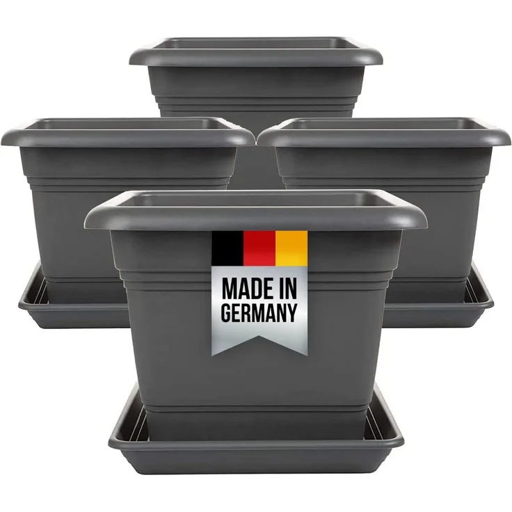 Centi Pflanzkübel Blumentopf Groß Außen, Pflanzkübel Gross eckig mit Untersetzer (Spar Set, 4 St, 40x40 cm), Blumenkübel Pflanztopf Blumentöpfe Made in Germany, Farbe: Anthrazit