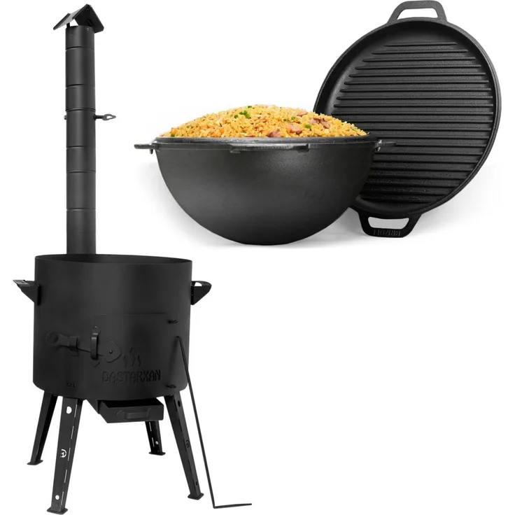 Ø40 Uchag 2mm Stahl Utschak mit Abzugsrohr Utschag Campingofen 12L Gusseisen Kazan mit Gusseisen Deckel-Grillpfanne Kasan Feuerstelle Feldküche