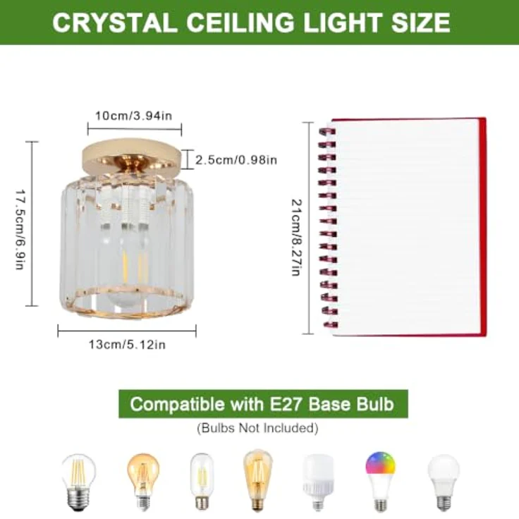 Goeco Deckenleuchte Kristall, E27 Fassung Ø13CM Moderne Deckenlampe mit Zylindrischem Kristallschirm, Eleganter Lampen Deckenleuchtung für Wohnzimmer Schlafzimmer Flur, Gold (ohne Leuchtmittel) – Bild 2