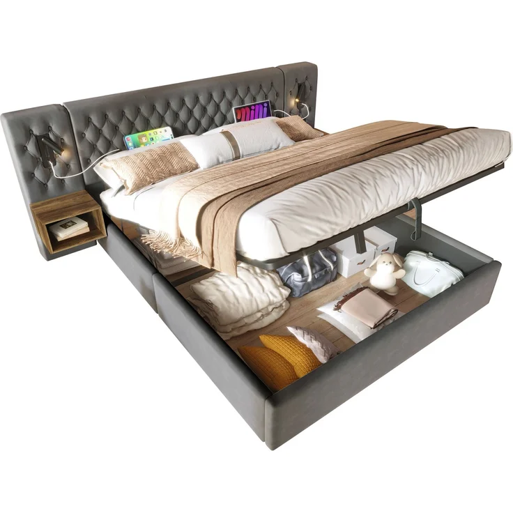 Bettanlage Schlafzimmer Komplett Set,Polsterbett Hydraulisch Stauraumbett Doppelbett 180×200 cm mit 2 Nachttischen, Kopfteil Leselicht mit USB Ladefunktion, Grau, Samt(Ohne Matratze) – Bild 9
