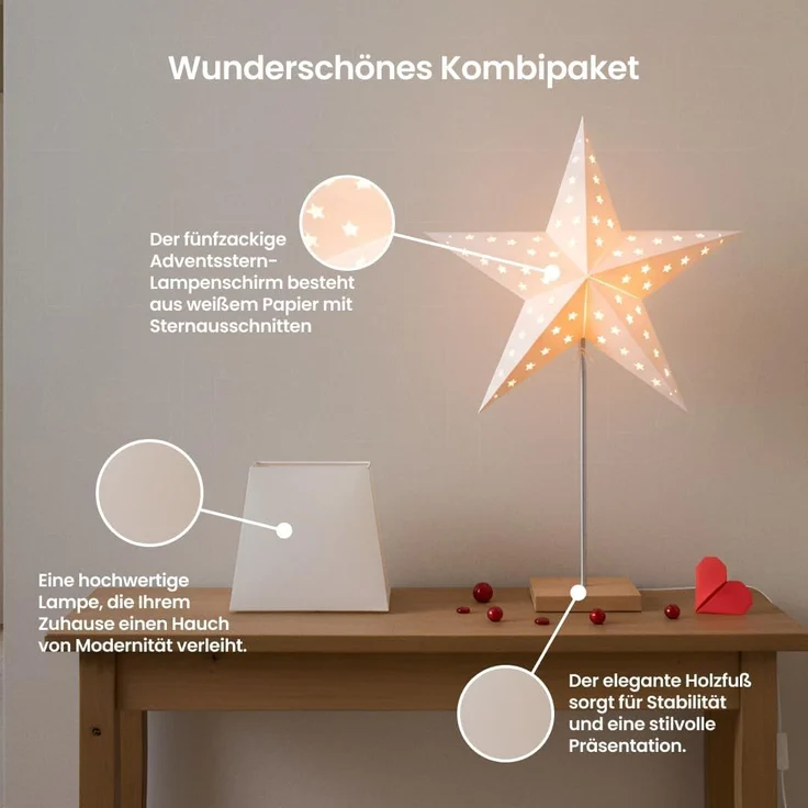 EGLO Tischlampe mit Wechselschirm, 3D Papierstern Weihnachten oder eckiger Lampenschirm in Weiß mit Fuß aus Holz und Metall, Dekostern Tischleuchte mit Kabelschalter, E14, Höhe 65 cm – Bild 12