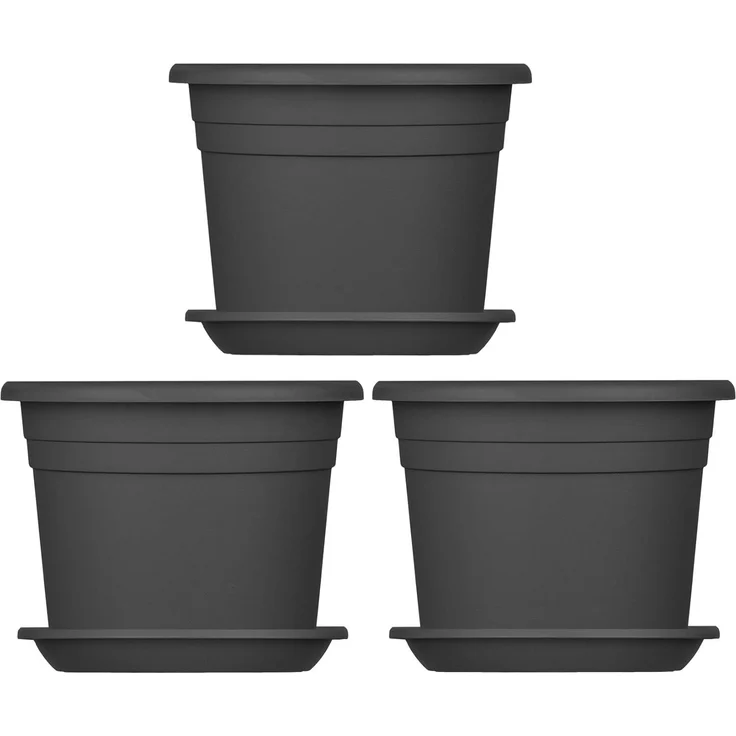 BigDean 3X Blumentopf Ø 20 cm Farbe Anthrazit & Untersetzer Kunststoff Pflanztopf Containertopf Übertopf Pflanzkübel rund 20 x 14,5 cm Blumentöpfe – Bild 2